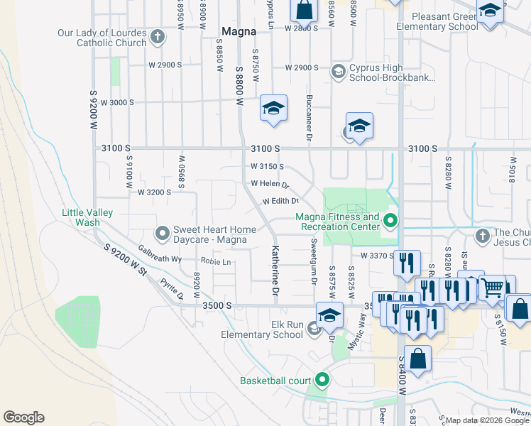 map of restaurants, bars, coffee shops, grocery stores, and more near 3267 South Katherine Drive in Magna