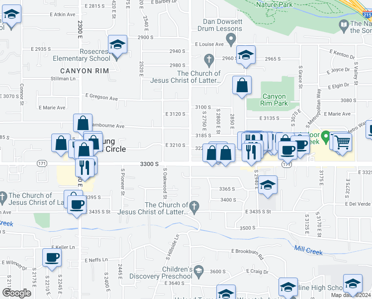 map of restaurants, bars, coffee shops, grocery stores, and more near 3270 South 2700 East in Salt Lake City