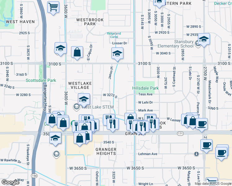map of restaurants, bars, coffee shops, grocery stores, and more near 3249 Jason Place in West Valley City