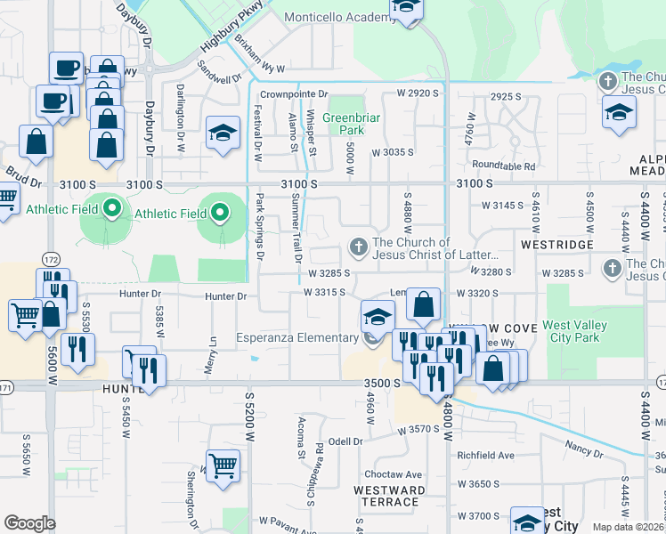 map of restaurants, bars, coffee shops, grocery stores, and more near 5022 West White Diamond Way in West Valley City