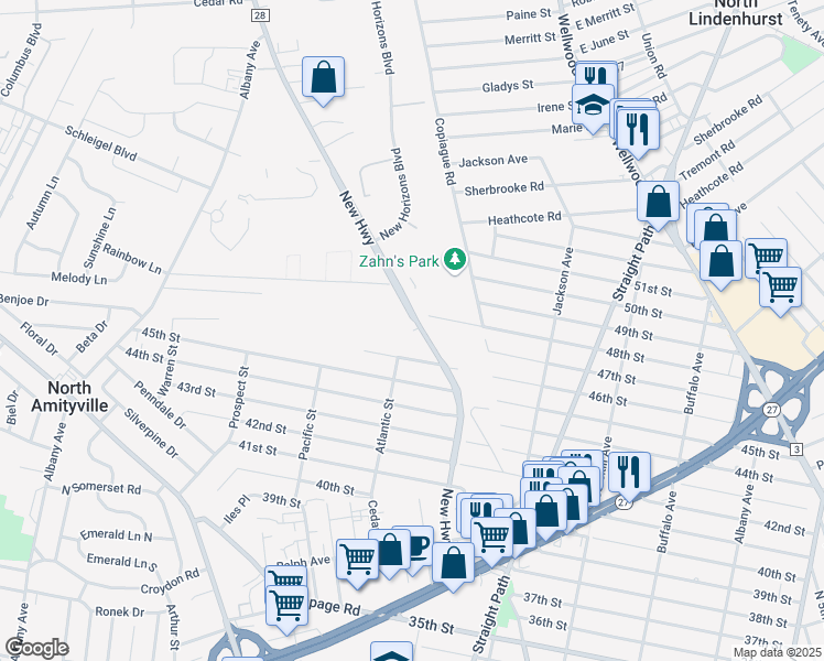 map of restaurants, bars, coffee shops, grocery stores, and more near 104 Cassata Drive in Copiague