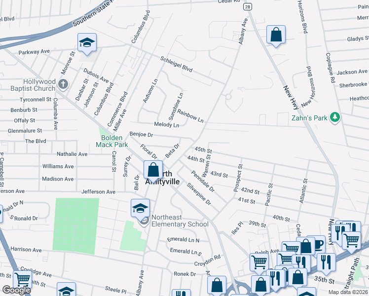 map of restaurants, bars, coffee shops, grocery stores, and more near 12 Beta Drive in Amityville