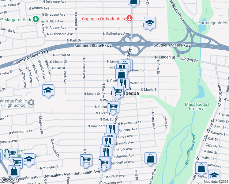 map of restaurants, bars, coffee shops, grocery stores, and more near 220 North Cedar Street in Massapequa