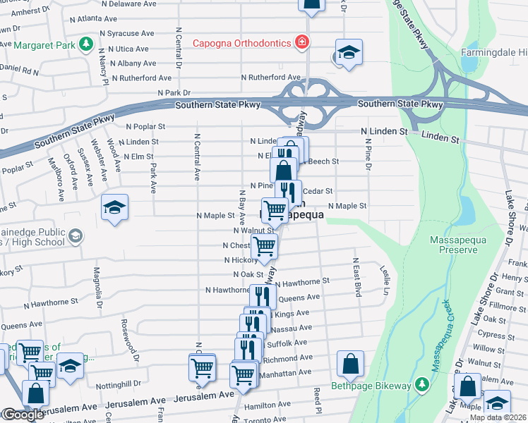 map of restaurants, bars, coffee shops, grocery stores, and more near 220 North Cedar Street in Massapequa