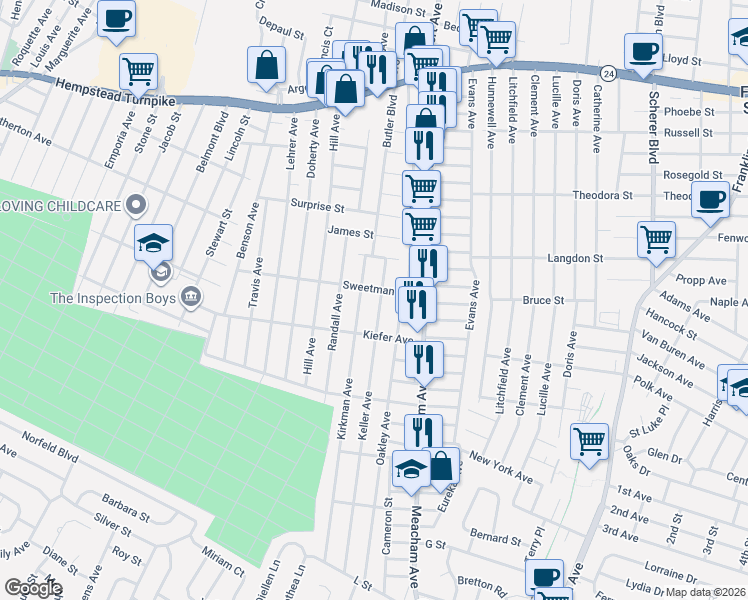 map of restaurants, bars, coffee shops, grocery stores, and more near 264 Kirkman Avenue in Elmont