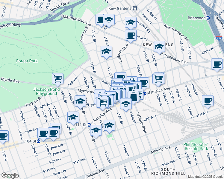 map of restaurants, bars, coffee shops, grocery stores, and more near 85-38 116th Street in Queens