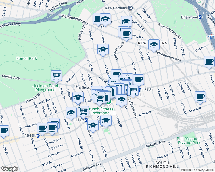map of restaurants, bars, coffee shops, grocery stores, and more near 85-38 116th Street in Queens
