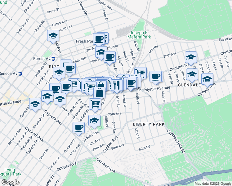 map of restaurants, bars, coffee shops, grocery stores, and more near 6101 Myrtle Avenue in Queens