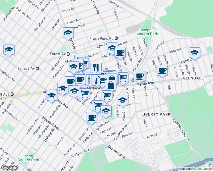 map of restaurants, bars, coffee shops, grocery stores, and more near 60-26 71st Avenue in Queens