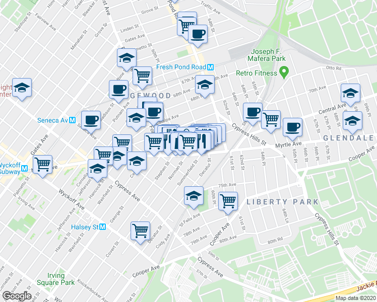 map of restaurants, bars, coffee shops, grocery stores, and more near 60-26 71st Avenue in Queens