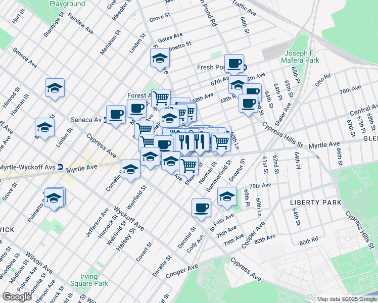 map of restaurants, bars, coffee shops, grocery stores, and more near 58-2 Myrtle Avenue in Queens