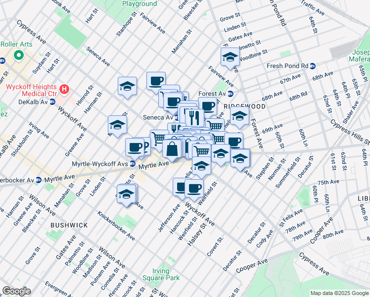 map of restaurants, bars, coffee shops, grocery stores, and more near in Queens