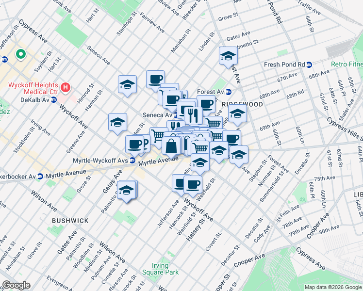 map of restaurants, bars, coffee shops, grocery stores, and more near in Queens