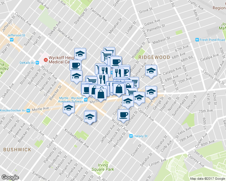 map of restaurants, bars, coffee shops, grocery stores, and more near 1684 Woodbine Street in Queens
