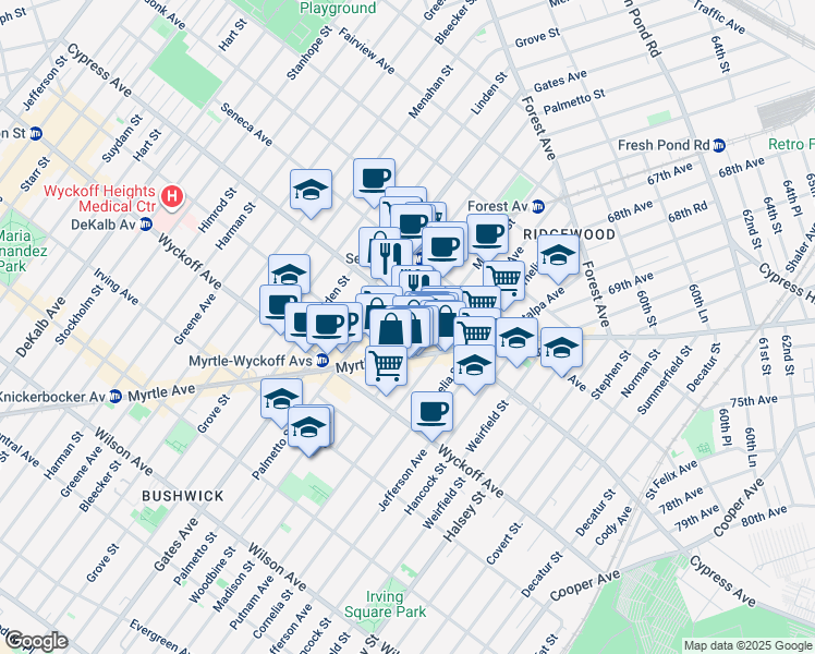 map of restaurants, bars, coffee shops, grocery stores, and more near 1684 Woodbine Street in Queens