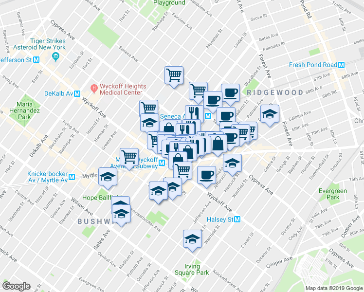 map of restaurants, bars, coffee shops, grocery stores, and more near 1645 Palmetto Street in Queens