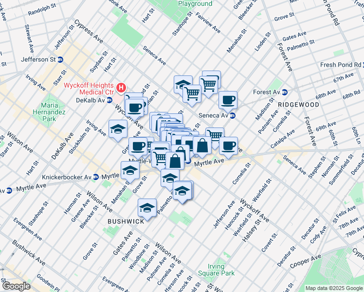 map of restaurants, bars, coffee shops, grocery stores, and more near 401 Linden Street in Brooklyn