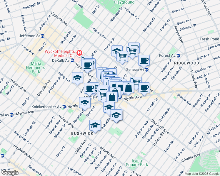 map of restaurants, bars, coffee shops, grocery stores, and more near 401 Linden Street in Brooklyn