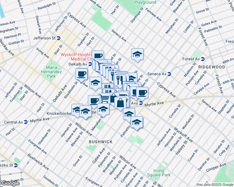 map of restaurants, bars, coffee shops, grocery stores, and more near 337 Bleecker Street in Brooklyn