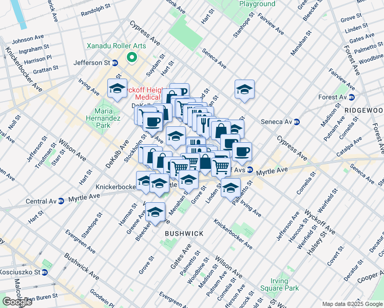 map of restaurants, bars, coffee shops, grocery stores, and more near 1395 Greene Avenue in Brooklyn