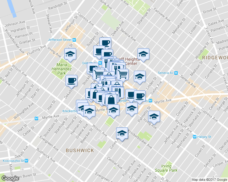 map of restaurants, bars, coffee shops, grocery stores, and more near 1395 Greene Avenue in Brooklyn