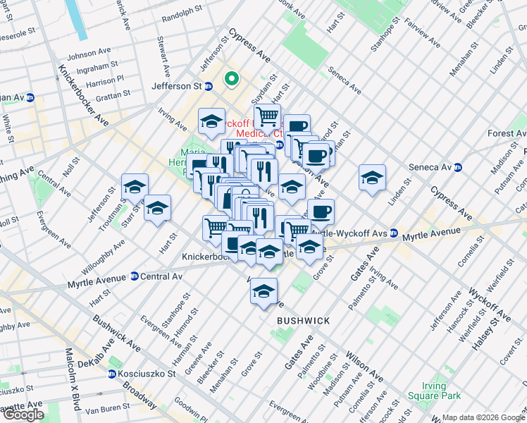 map of restaurants, bars, coffee shops, grocery stores, and more near 234B Stanhope Street in Brooklyn