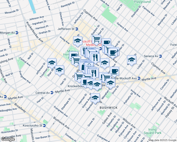 map of restaurants, bars, coffee shops, grocery stores, and more near 234B Stanhope Street in Brooklyn