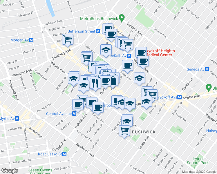 map of restaurants, bars, coffee shops, grocery stores, and more near 342 Knickerbocker Avenue in Brooklyn