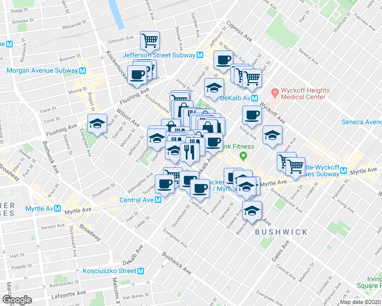 map of restaurants, bars, coffee shops, grocery stores, and more near 228 Suydam Street in Brooklyn