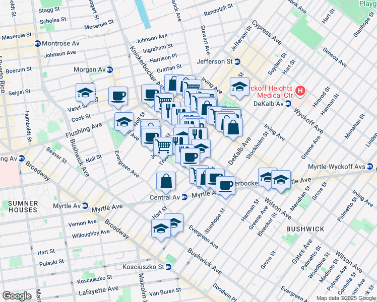 map of restaurants, bars, coffee shops, grocery stores, and more near 35 Starr Street in Brooklyn
