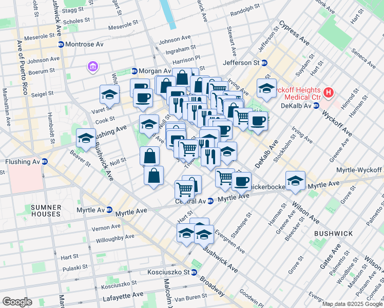 map of restaurants, bars, coffee shops, grocery stores, and more near 174 Jefferson Street in Brooklyn