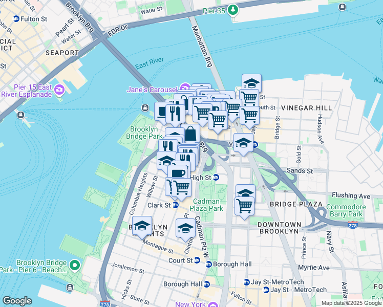 map of restaurants, bars, coffee shops, grocery stores, and more near 71 Poplar Street in Brooklyn