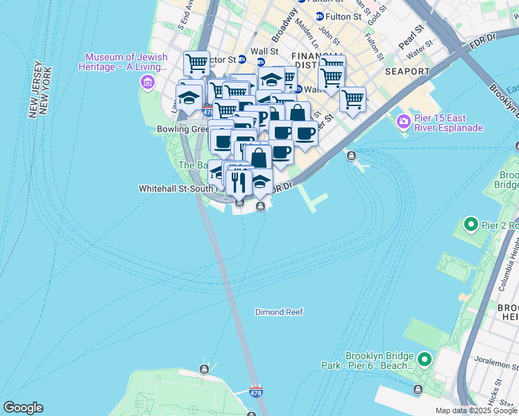 map of restaurants, bars, coffee shops, grocery stores, and more near 10 South Street in New York