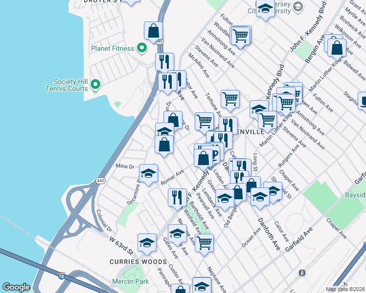 map of restaurants, bars, coffee shops, grocery stores, and more near 105 Fowler Avenue in Jersey City