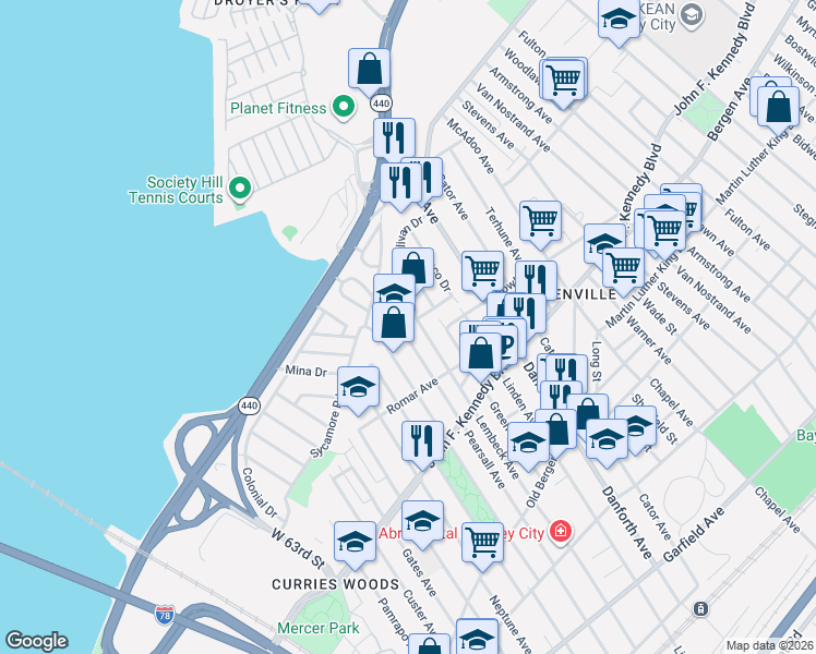 map of restaurants, bars, coffee shops, grocery stores, and more near 335 Lembeck Avenue in Jersey City