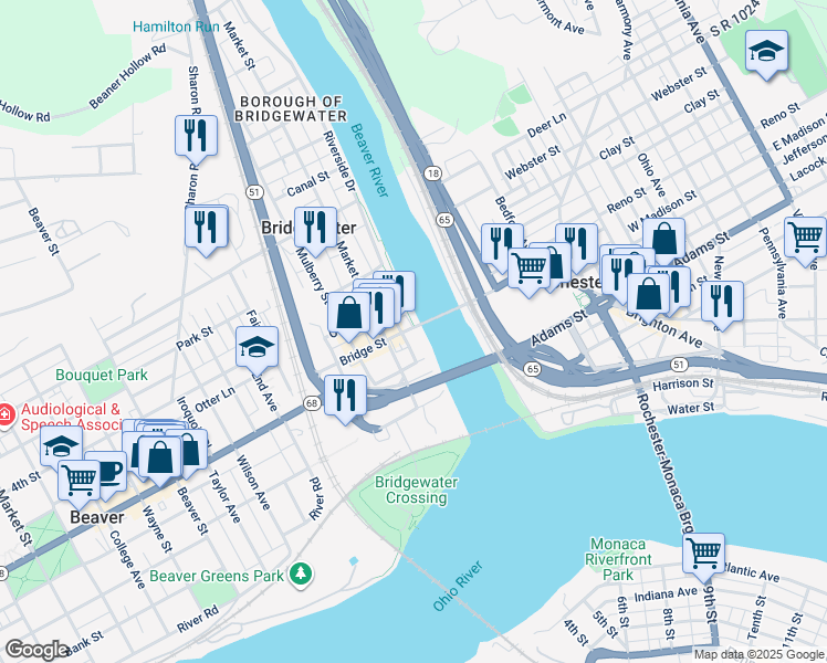 map of restaurants, bars, coffee shops, grocery stores, and more near 11 Bridge Street in Beaver