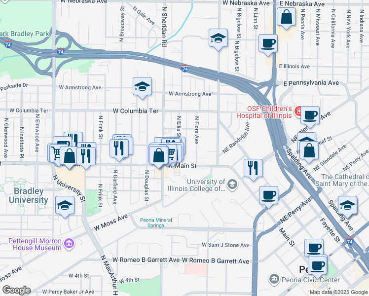 map of restaurants, bars, coffee shops, grocery stores, and more near 1101 North Ellis Street in Peoria