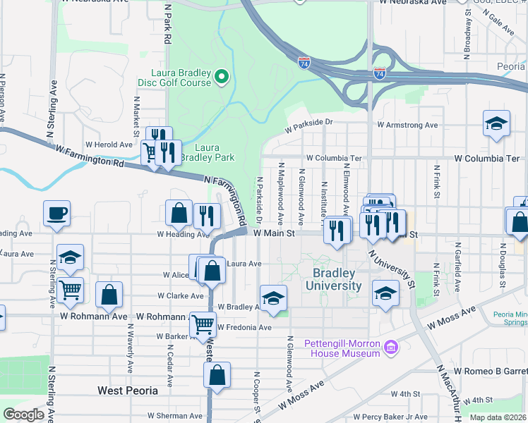map of restaurants, bars, coffee shops, grocery stores, and more near 1027 North Maplewood Avenue in Peoria