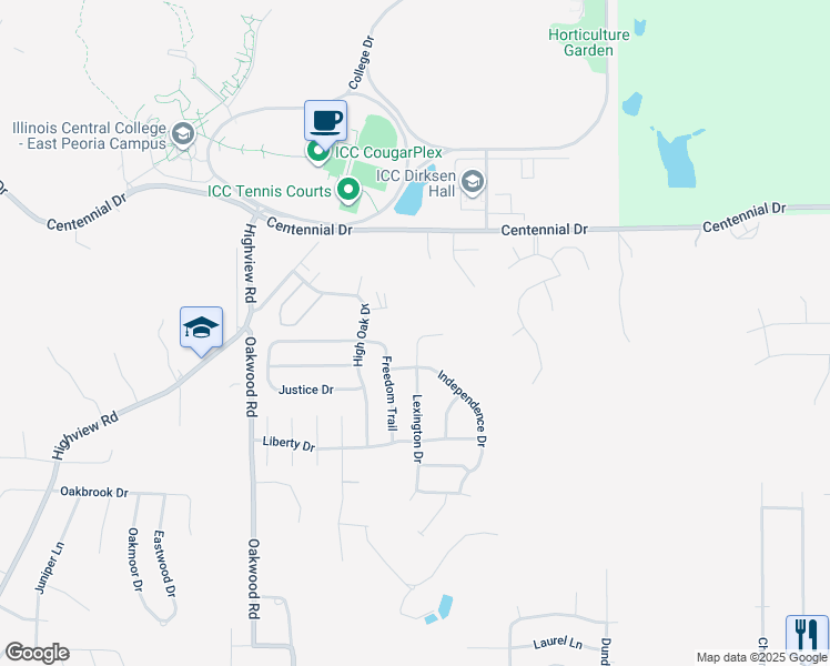 map of restaurants, bars, coffee shops, grocery stores, and more near 117 Lexington Court in East Peoria