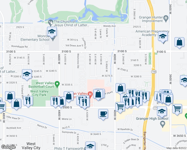 map of restaurants, bars, coffee shops, grocery stores, and more near 4154 West 3280 South in West Valley City