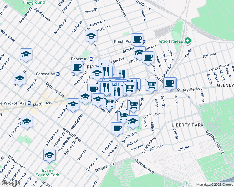map of restaurants, bars, coffee shops, grocery stores, and more near 59-23 71st Avenue in Queens