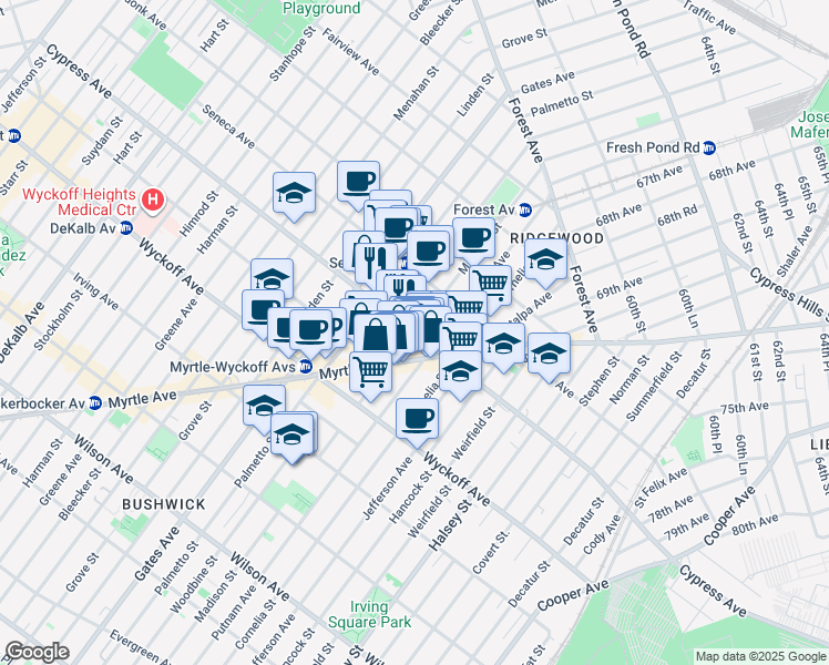 map of restaurants, bars, coffee shops, grocery stores, and more near Cypress Avenue & Madison Street in Queens