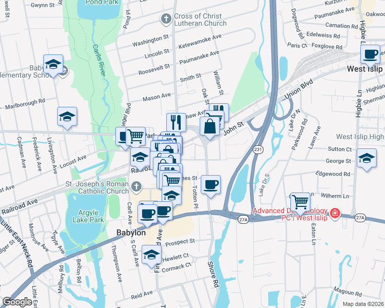 map of restaurants, bars, coffee shops, grocery stores, and more near 110 Cooper Street in Babylon