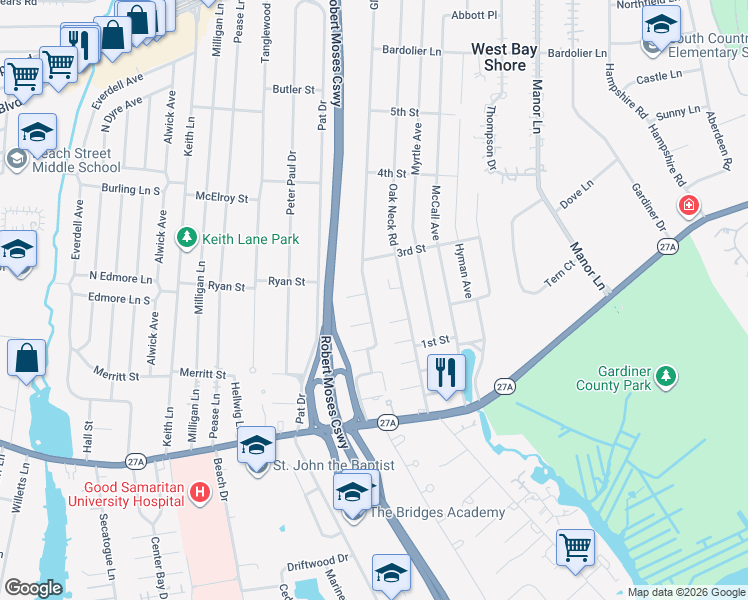 map of restaurants, bars, coffee shops, grocery stores, and more near 31 Gladstone Avenue in West Islip