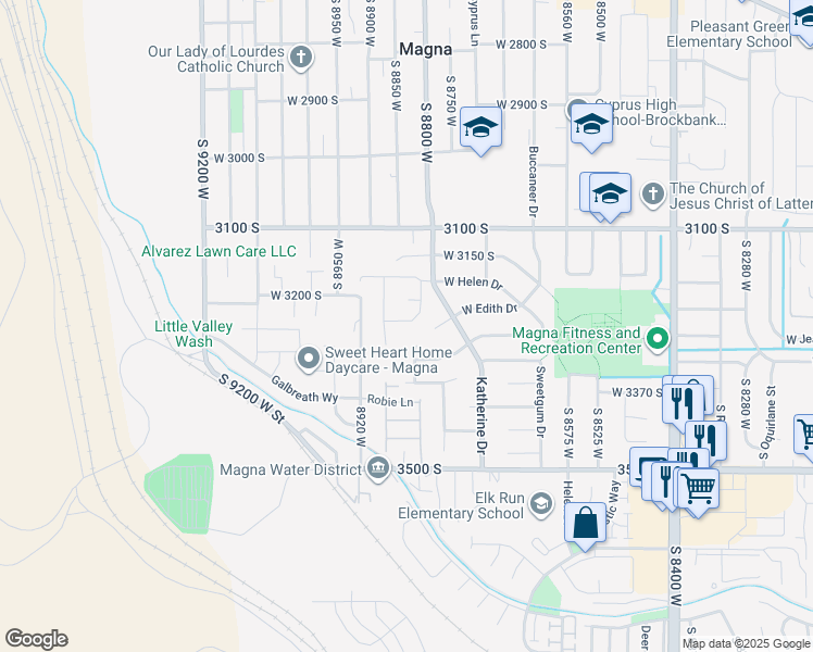 map of restaurants, bars, coffee shops, grocery stores, and more near 8843 West Julia Lane in Magna