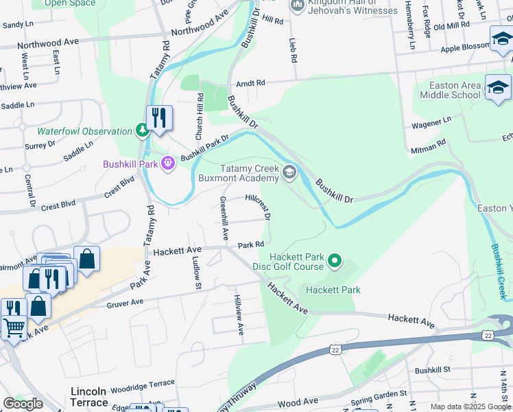 map of restaurants, bars, coffee shops, grocery stores, and more near 2000 Hillcrest Drive in Easton