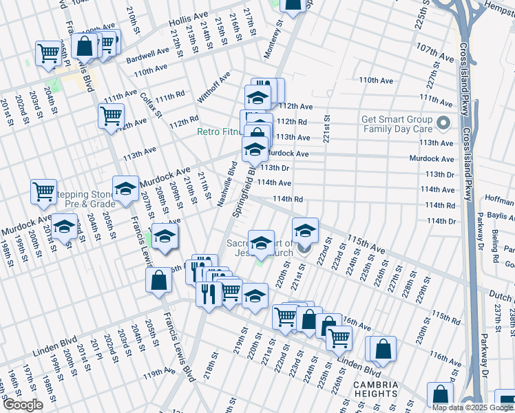 map of restaurants, bars, coffee shops, grocery stores, and more near 115-01 217th Street in Queens