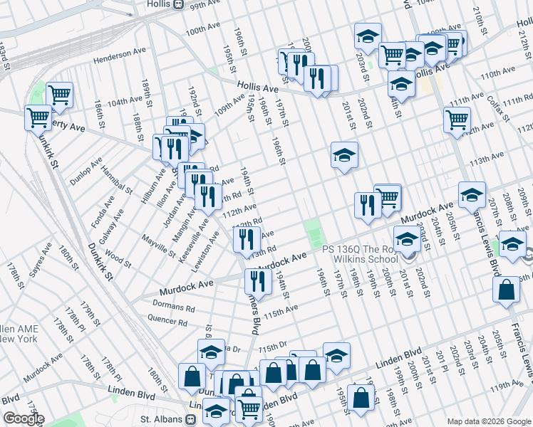 map of restaurants, bars, coffee shops, grocery stores, and more near 194-16 112th Avenue in Queens