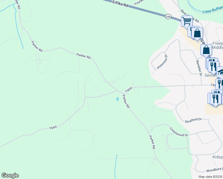 map of restaurants, bars, coffee shops, grocery stores, and more near 344 Parker Road in Sarver