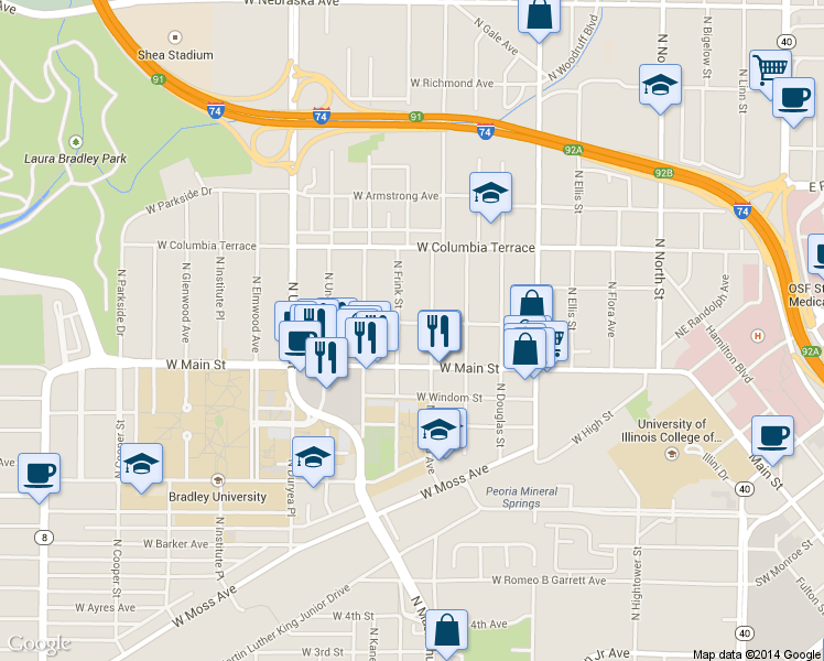 map of restaurants, bars, coffee shops, grocery stores, and more near 910 West Russell Street in Peoria